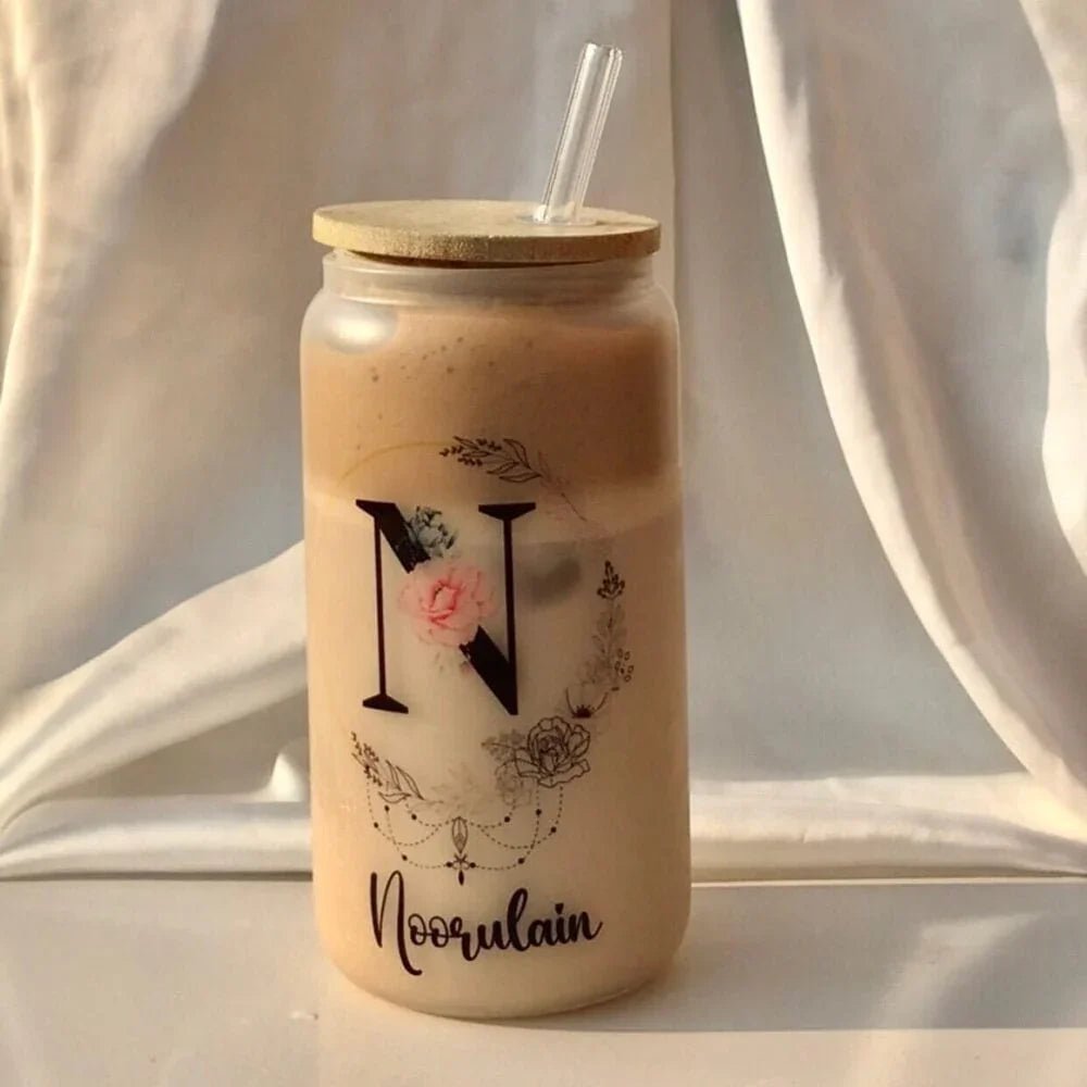 Customized Printed Frosted Glass Can with Lid and Glass Straw – Botella Flaske - Botella Flaske