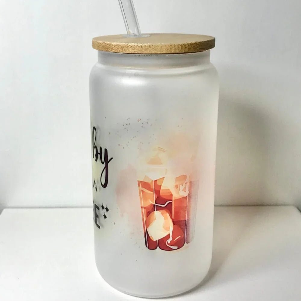 Printed Frosted Glass Can with Lid and Glass Straw – Botella Flaske - Botella Flaske