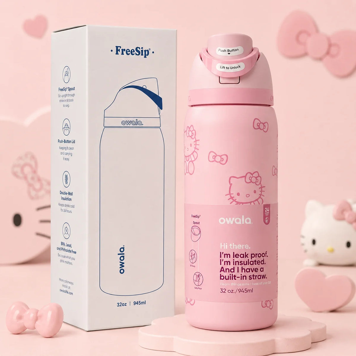 Owala FreeSip Water Bottle - 32oz | Pink Kitty