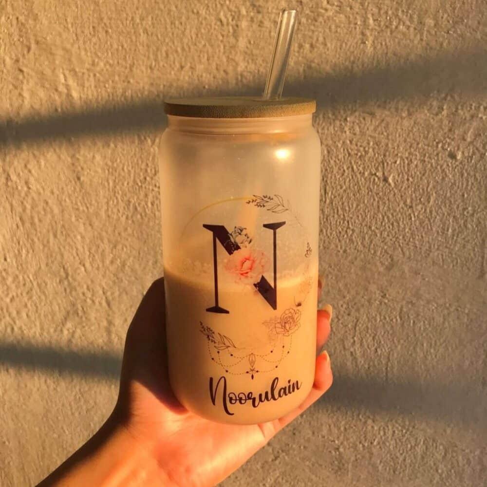 Customized Printed Frosted Glass Can with Lid and Glass Straw – Botella Flaske - Botella Flaske