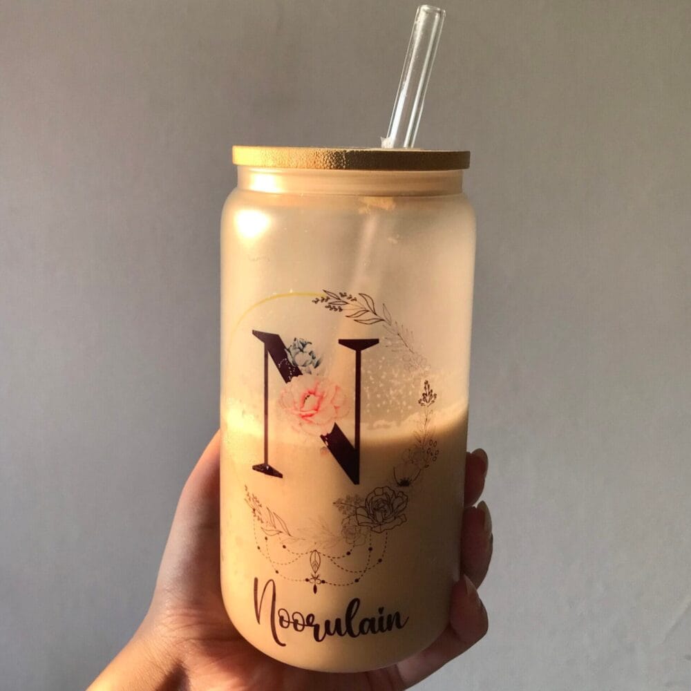 Customized Printed Frosted Glass Can with Lid and Glass Straw - Image 5