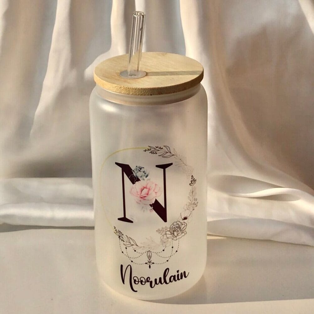 Customized Printed Frosted Glass Can with Lid and Glass Straw